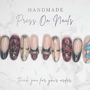 Handmade Press On Nails with Red and Gold Accents